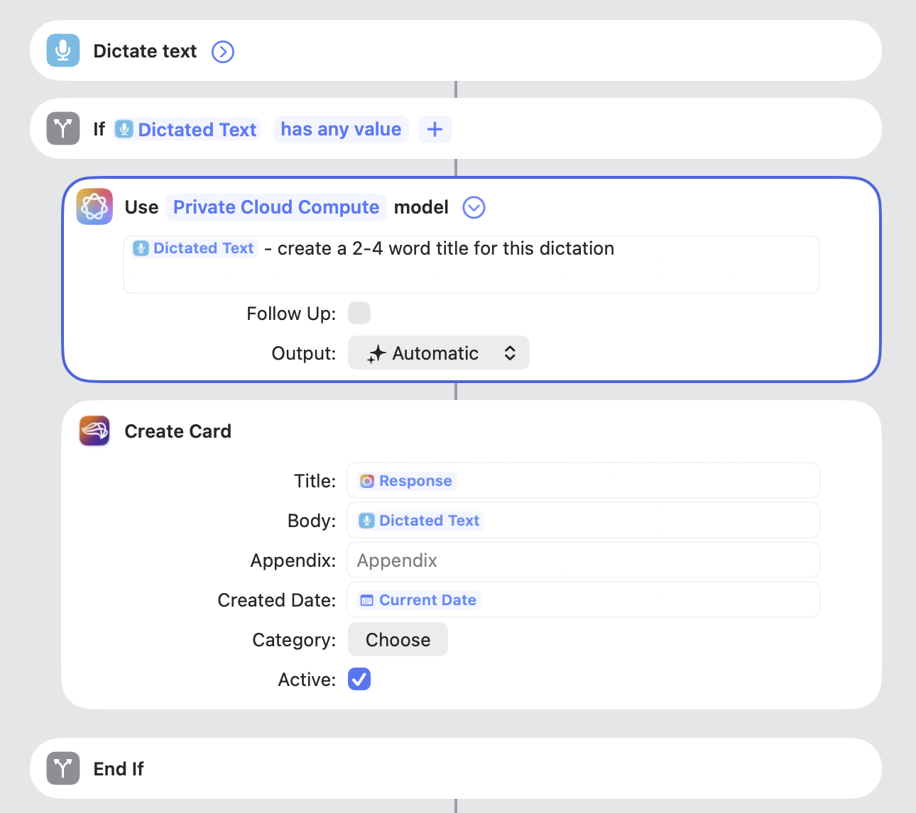 A four-step shortcut: dictate text, and if the dictated text has any value, ask Apple's Private Cloud Compute model for a 2 to 4 word title, then create an iXnote card with that title and the dictation as the body.